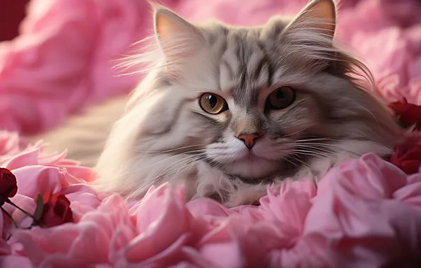 Кошка, кот, взгляд, цветы, поза, роза, портрет, розы