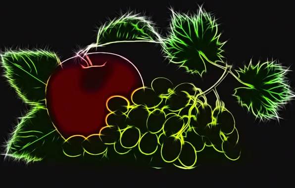Рендеринг, яблоко, виноград, черный фон, контурная графика, неоновое свечение