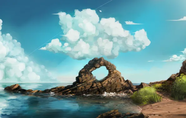 Картинка море, небо, облака, скалы, берег, арт, арка