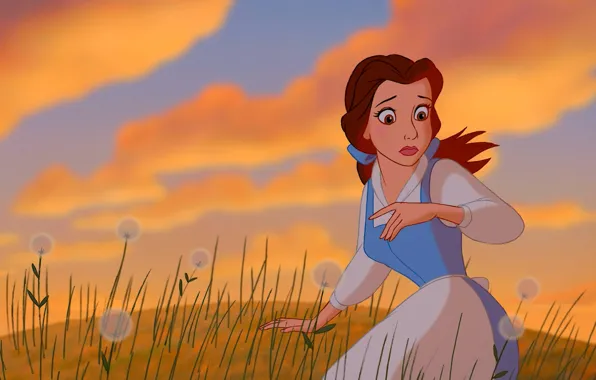 Sky, field, dandelions, Belle, Beauty and The Beast