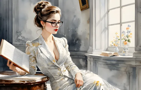 Картинка девушка, платье, очки, белый фон, книга, живопись, имитация живописи, ИИ-арт