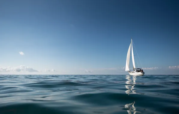Океан, яхта, паруса, lonely ship on the horizon, одинокий корабль на горизонте