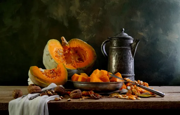 Тыква, орехи, натюрморт, кофейник