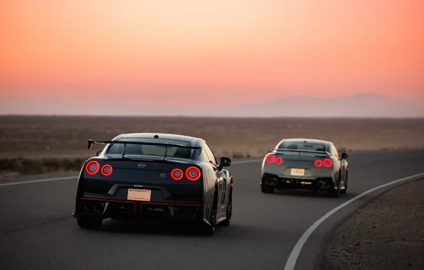 Nissan, GT-R, cars, sunset, R35, rear view, Nissan GT-R Nismo, 2023
