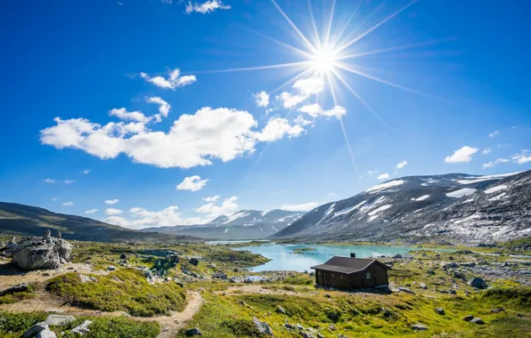 Картинка солнце, горы, дом, Норвегия