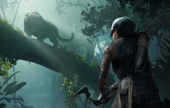 Game, jungle, Lara Croft, beast, Shadow of the Tomb Raider