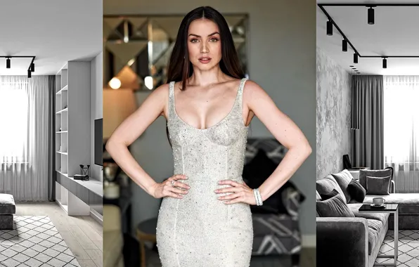Взгляд, платье, актриса, брюнетка, декольте, красивая, Ana de Armas, Ана де Армас