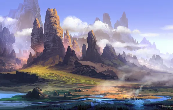 Картинка облака, пейзаж, горы, туман, река, камни, скалы, арт