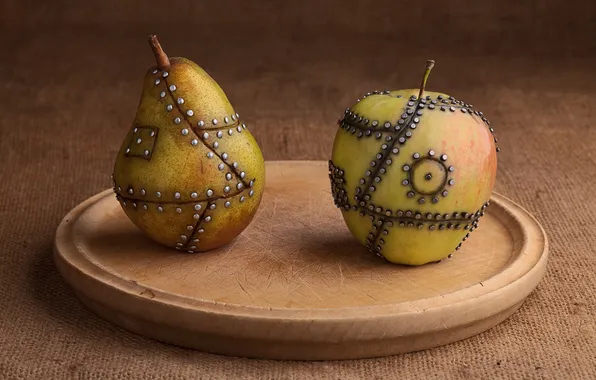 Картинка стол, яблоко, груша, блюдо, заклёпки