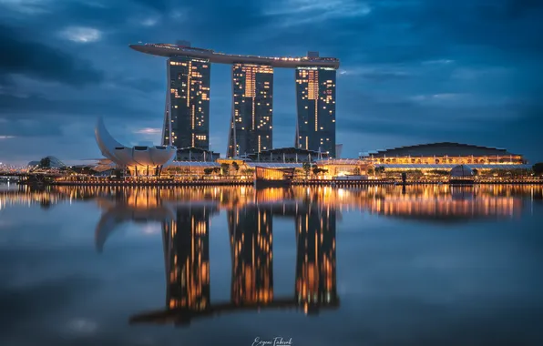 Красота, Сингапур, архитектура, курорт, отражение в воде, ночное небо, Marina Bay Sands, Evgeni Fabis