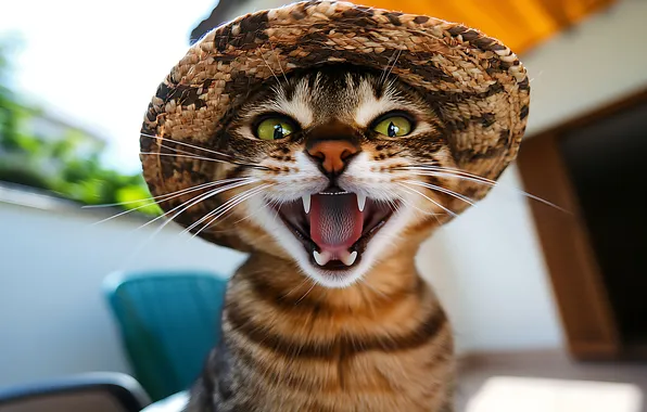 Язык, кошка, кот, взгляд, поза, отдых, шляпа, пасть