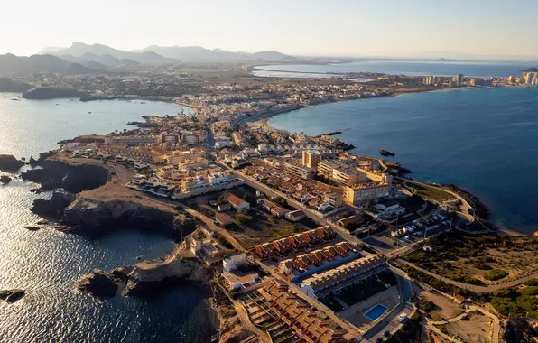 Море, Испания, строения, вид сверху, Spain, Malmerna Strait, Мальмернский пролив, регион Мурсия