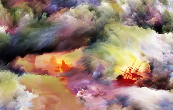 Картинка шторм, краски, дым, корабль, яркость