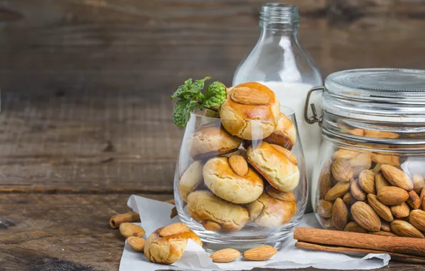 Молоко, печенье, орехи, корица, выпечка, миндаль