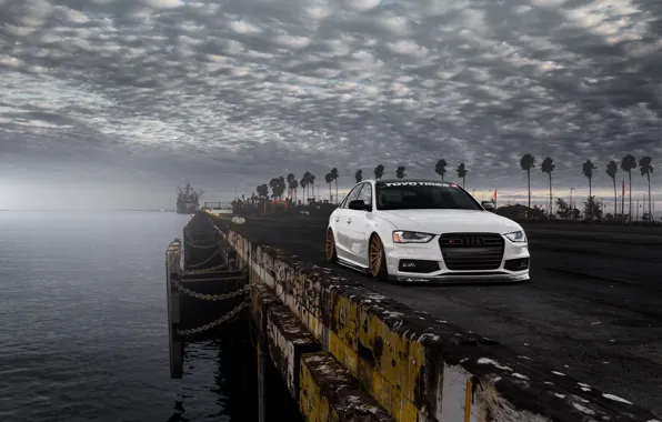 Audi, Car, Front, Sunset, White, Stance, Vossen, Wheels