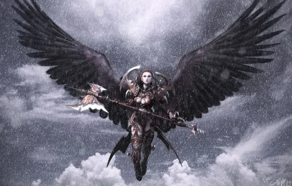 Девушка, снег, оружие, крылья, ангел, арт, секира, aion