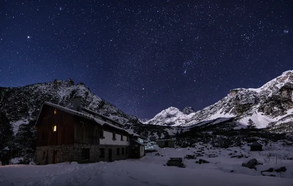 Картинка зима, небо, звезды, свет, снег, Болгария, горы Рила, Мальовица шале