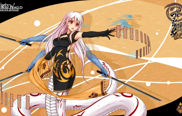 Девушка, оружие, змея, руки, арт, хвост, мечи, pixiv fantasia