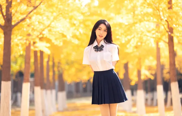 Girl, park, autumn, model, asian, cute, skirt