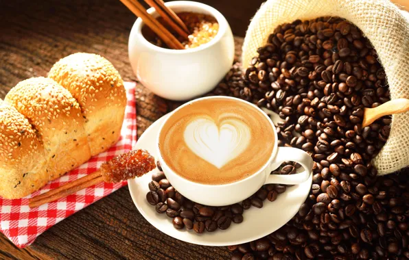 Рисунок, кофе, зерна, завтрак, сдоба, выпечка, coffee, bread