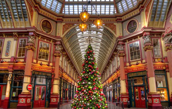 Картинка украшения, праздник, шары, Англия, Лондон, елка, Рождество, Leadenhall Market