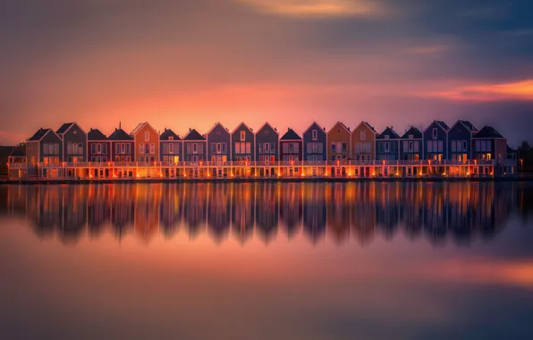 Holland, Water, Sunset, Reflection, Lightroom, Homes, Neighbours