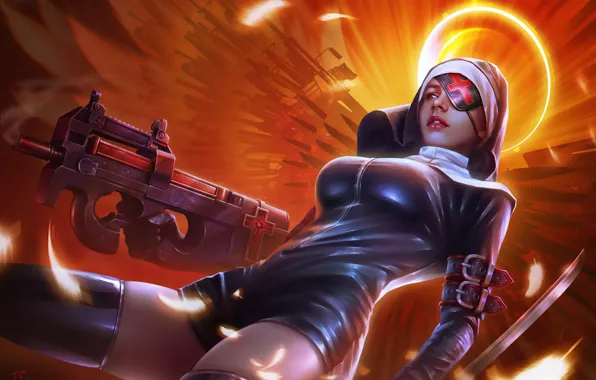 Девушка, Girl, Оружие, Латекс, Fantasy, Gun, Art, Святые
