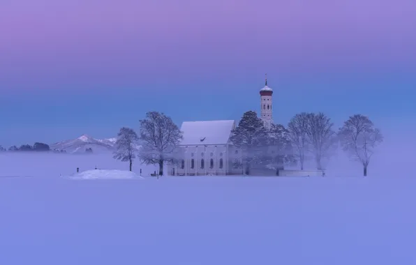 Картинка зима, снег, деревья, горы, Германия, Бавария, Альпы, церковь