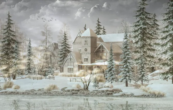 Картинка зима, снег, дом, река, ели