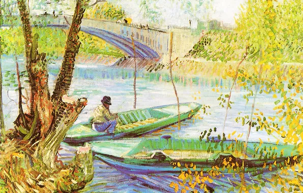 Картинка небо, пейзаж, мост, река, лодка, картина, рыбак, Винсент Ван Гог
