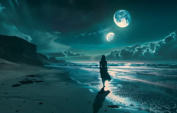 Картинка Girl, wallpaper, Moon, Coast, Beach, Sea