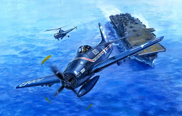 Картинка авианосец, вертолёт, палубный истребитель, Bearcat, F8F-1
