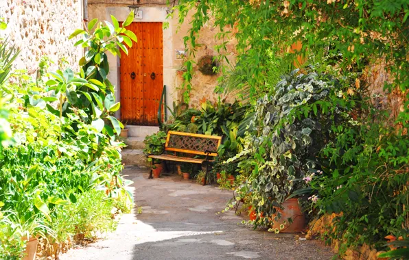 Цветы, город, лавочка, лавка, Вальдемоса