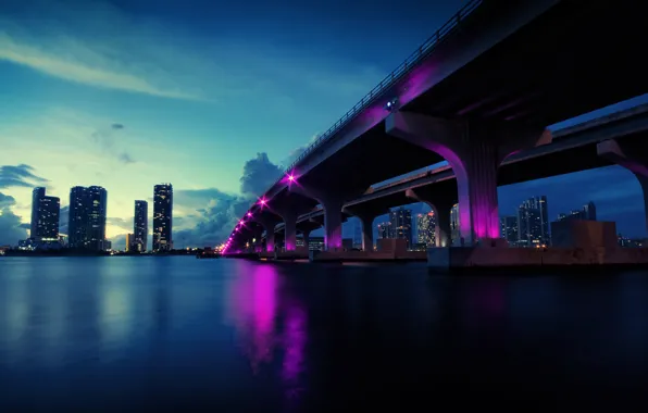 Мост, огни, река, небоскребы, вечер, USA, Miami, Florida