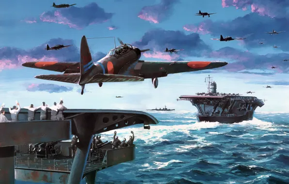 Aircraft, war, art, airplane, aviation, japanese, dogfight, carrier
