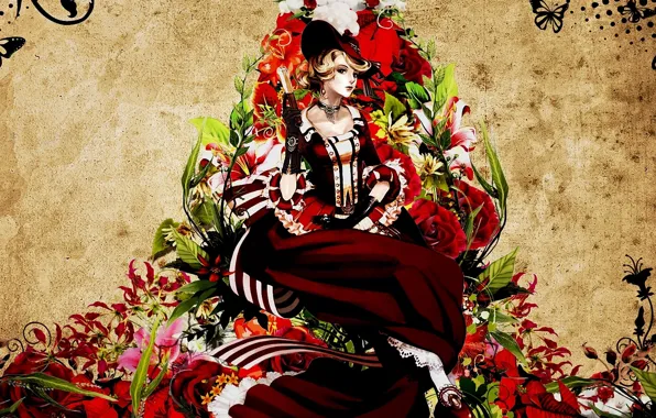 Картинка девушка, бабочки, цветы, узор, шляпа, веер