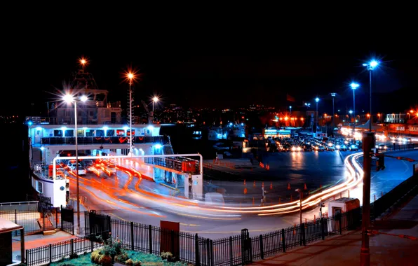 Картинка ночь, движение, корабль, выдержка, light, Стамбул, Турция, night
