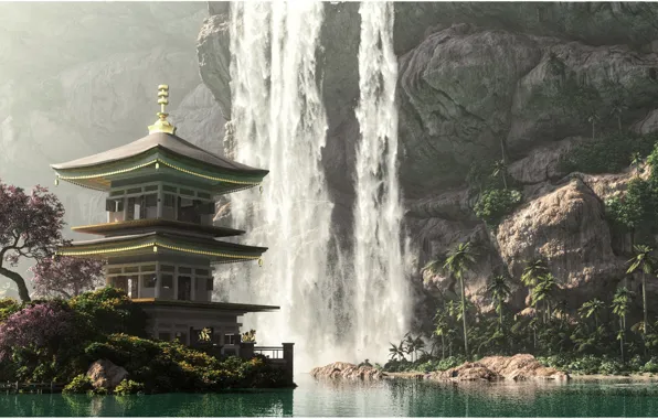 Вода, горы, водопад, пагода, цветущее дерево, 3DLandscapeArtist