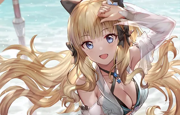 Girl, sexy, cleavage, long hair, sea, boobs, anime, beautiful