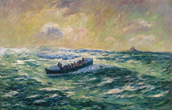 Картинка море, волны, шторм, лодка, картина, катер, морской пейзаж, Finistere