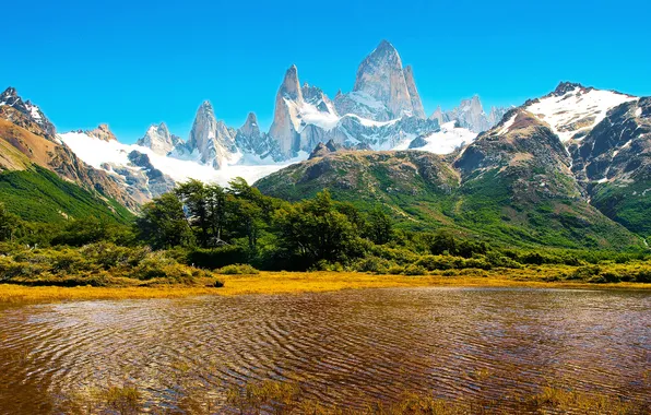 Картинка снег, горы, озеро, скалы, Аргентина