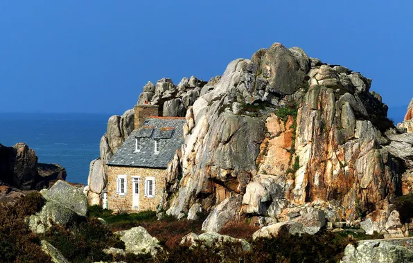 Картинка море, дом, камни, скалы