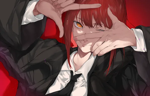 Девушка, красный фон, Chainsaw Man, Makima