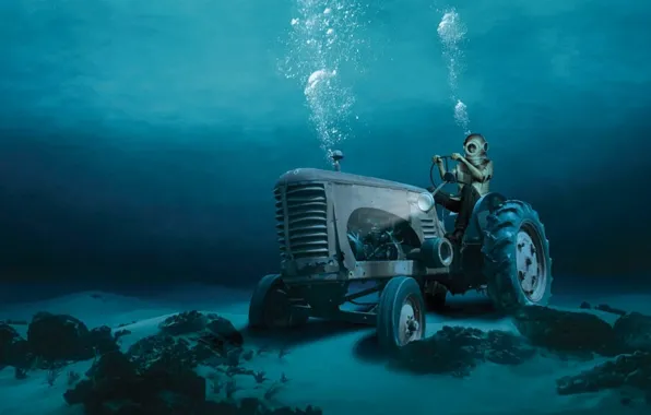 Вода, пузыри, дно, аквалангист, трактор