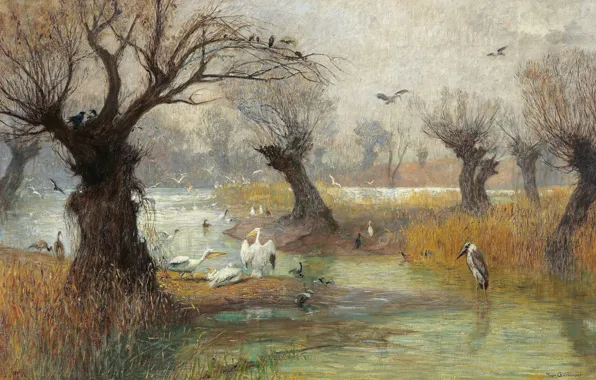 Austrian painter, oil on canvas, Пеликаны на берегу реки, Гуго Шарлемон, Pelicans on the Riverbank, …