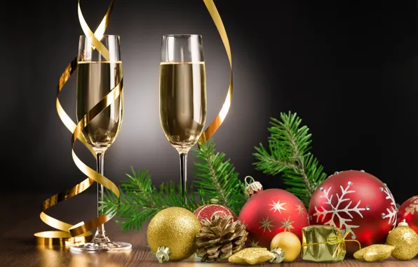 Шары, елка, Новый Год, бокалы, Рождество, new year, happy, decoration
