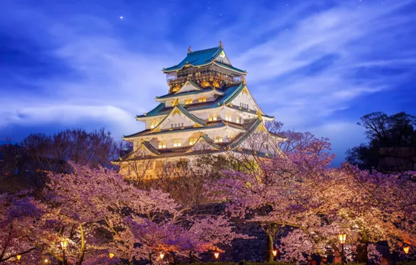 Картинка замок, красота, Япония, освещение, Himeji Castle in Osaka