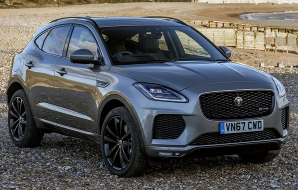 Машина, пляж, фары, Jaguar, серая, спереди, сбоку, grey