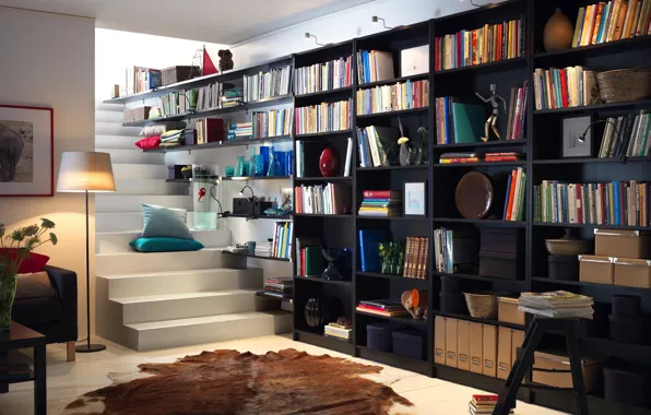 Библиотека, Книги, Полки, Стеллажи