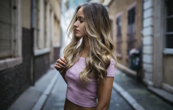 Long hair, model, women, face, blonde, belly, urban, wavy hair